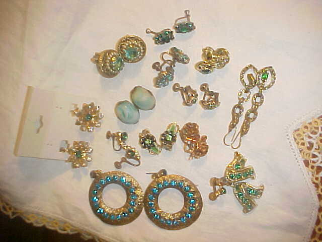 13 Pair Vintage Green, Turquoise Rhinestone Earrings All one Money