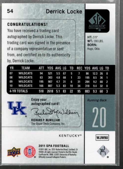 B3818- 2011 SP Authentic Autographs #54 Derrick Locke E Auto SAMPLE PIC - Image 2 of 2