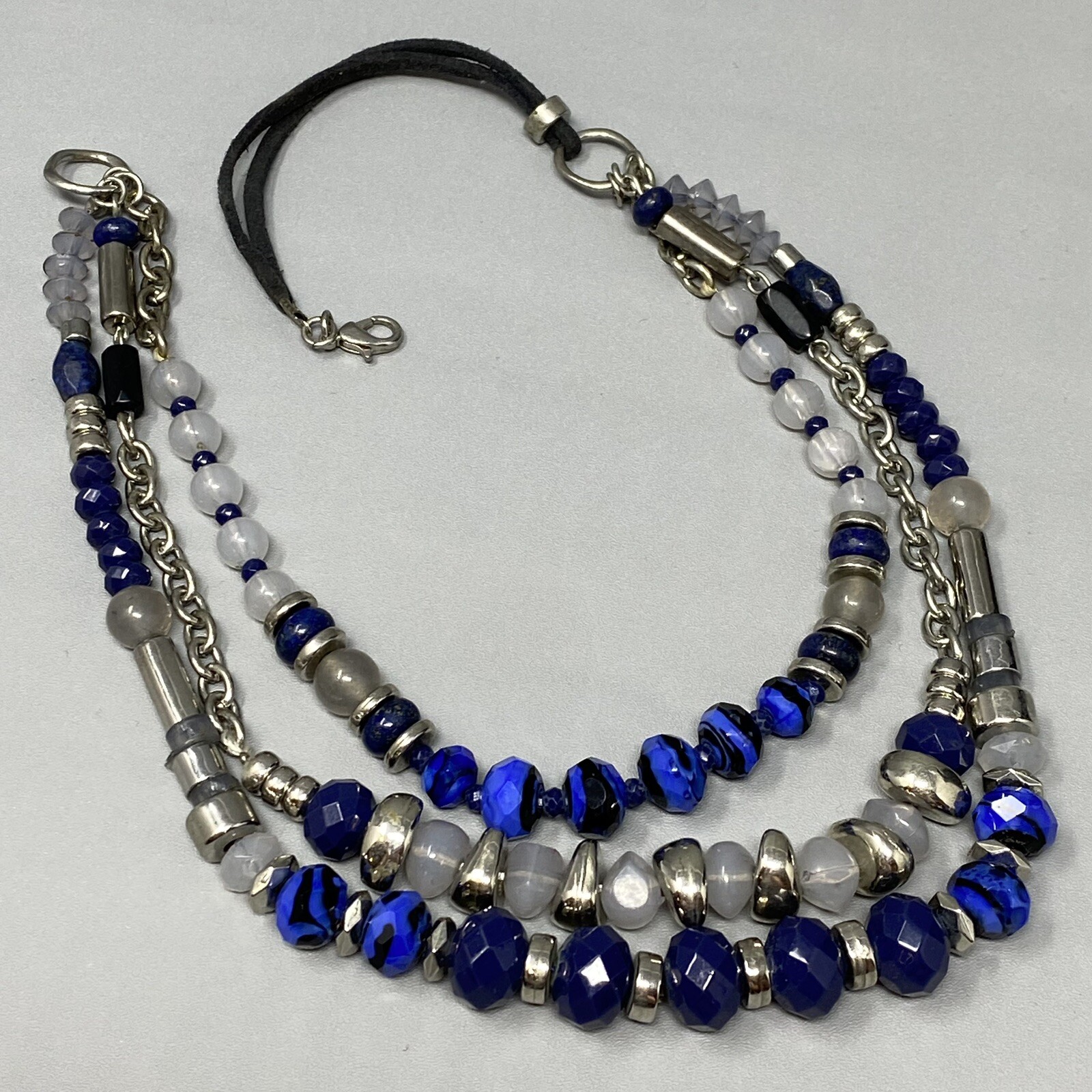 Statement Necklace Blue Cloudy White Gemstone Bea… - image 3