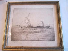 UNKNOWN ETCHING OF A SAILBOAT - SIGNED 1977 - ARTIST UNKNOWN? - FRAMED 14" X 13"