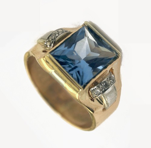 Antique 1940'S Art Deco 14k Rose Gold Platinum Diamonds Blue Stone Men's Ring