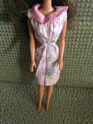 Barbie Doll Dress 60's Style Light Pink & White Gingham Check Blue Florals  Sleev | eBay