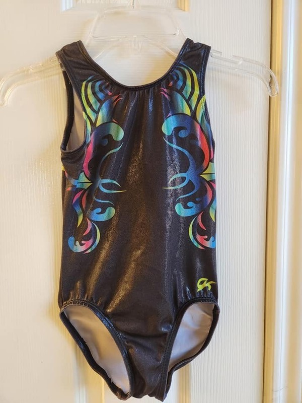 GK Elite Poised Peacock Black Rainbow Gymnastics Leotard Size CM Child Medium