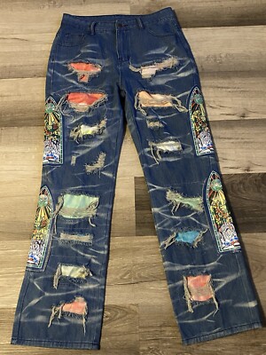 Patch Ripped Jeans Fluffy Flip Flops, Ragged Street Style, Size M. No Stretch.