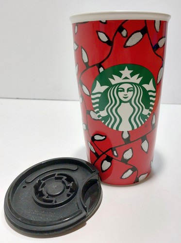 2016 Starbucks 12 fl oz Keramik Weihnachten Reise Kaffeebecher mit Deckel Lichterkette - Bild 4 von 11