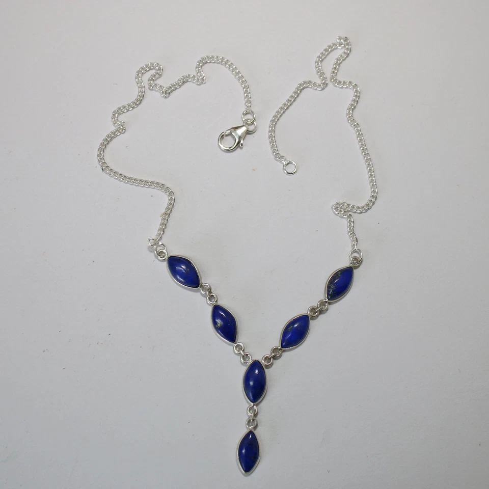 Lapislazzuli Argento Collana 925 Collier 40 CM Catena Cabochon Lapis Lazuli Blu - Immagine 2 di 4