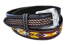 Ranger Belt Co KH1011 Western Rodeo Beaded Leather Belt Starburst Basketweave 44