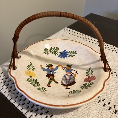 Alpine Peasant Ware.  Serving Bowl/Wicker Handle Hand Painted Germany #3908