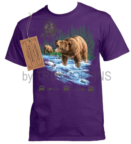 1-BEAR WARRIOR FISHING INDIAN WILDLIFE WILD ANIMAL WEAR GRAPHIC PRINTED T-SHIRT - Picture 5 of 7