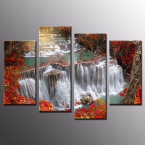 Large Wall Art Red Leaves Waterfall Photo On Canvas Print Art Home Decor 4pcs Ebay