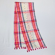 Lands End Girls Long Scarf Pink White Plaid Embroidered Dot Lace 59*12 Tassel