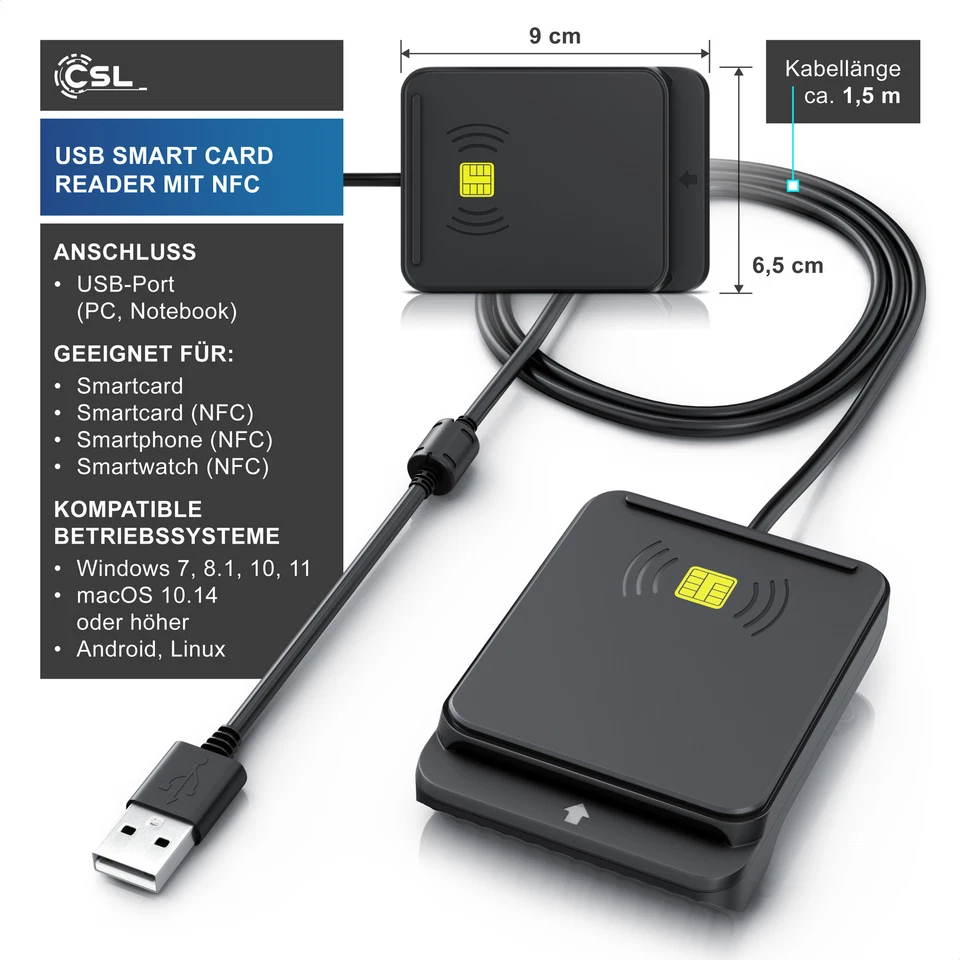 CSL CR USB 2.0 Dual Chipkartenlesegerät NFC Smartcard Schwarz Kartenlesegerät - Bild 2 von 4