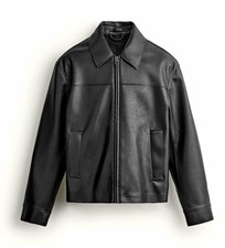 Men's Black Leather Biker Jacket Full Zip Point Collar Short Length