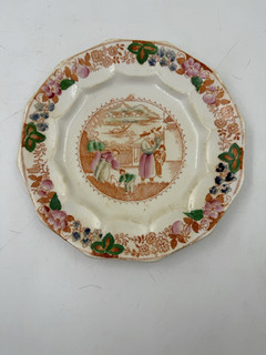 Antique Unmarked Orange Transferware Chinoiserie Pagoda 7.75” Plate