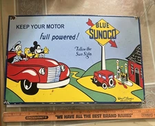 BLUE SUNOCO GAS PORCELAIN MICKEY MINNIE MOUSE ADV. SIGN DIE CUT METAL 16x11”