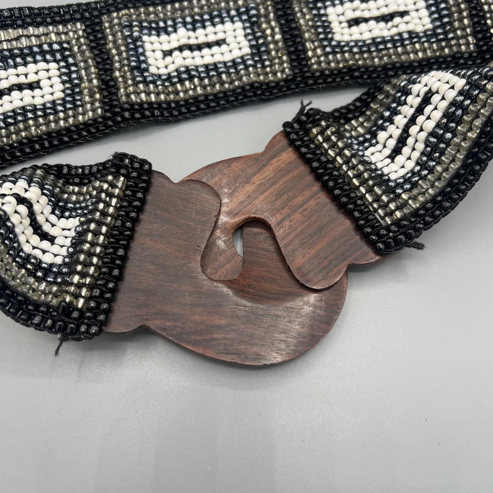 Cinturón boho vintage con hebilla de madera con cuentas pesadas nativo azteca occidental M Foto 4 de 4