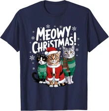 Meowy Christmas Funny Cat Christmas Holiday Xmas Santa Hat T-Shirt