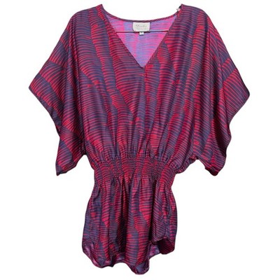 Devlin XS Kimono Sleeve Smocked Waist Tunic Blouse Pink Navy Geometric