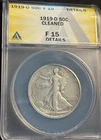 1919-D, 50c Walking Liberty Half Dollar, ANACS F 15 DETAILS,  CLEANED