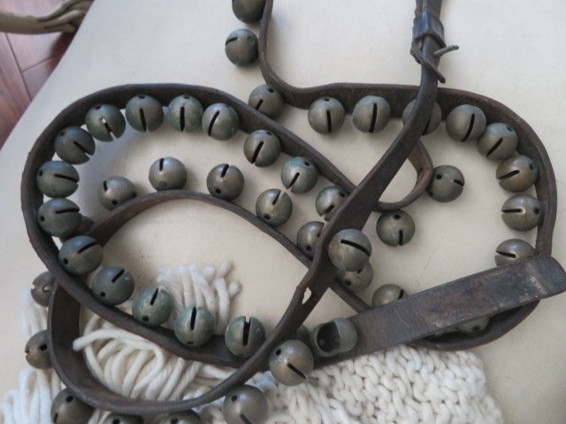 FABULOUS Old Antique Brass Horse SLEIGH BELLS on Leather Strap 49 Bells 2 Pieces