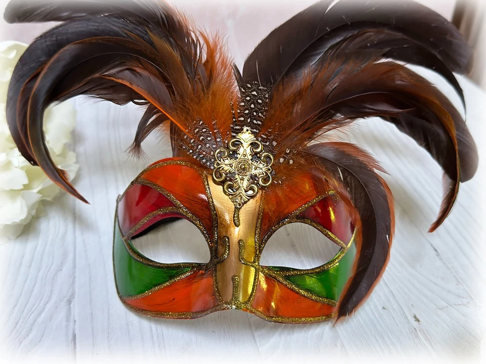 Mardi Gras Feathers Mask Venetian Carnival Masquerade Papier Mache Red Orange - Image 2 of 4