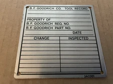Vintage B.F. GOODRICH Tire Co Aluminum Metal Sign Tag TOOL RECORD Akron OH #9