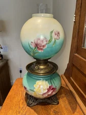 Hurricane Lamp 21" Mint With Hand Painted Flowers, Excellent Condition