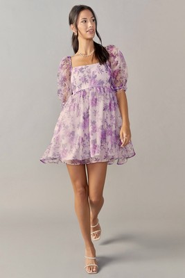 Purple Floral Babydoll Mini Dress By Audrey Parks + Francesca s - size XS