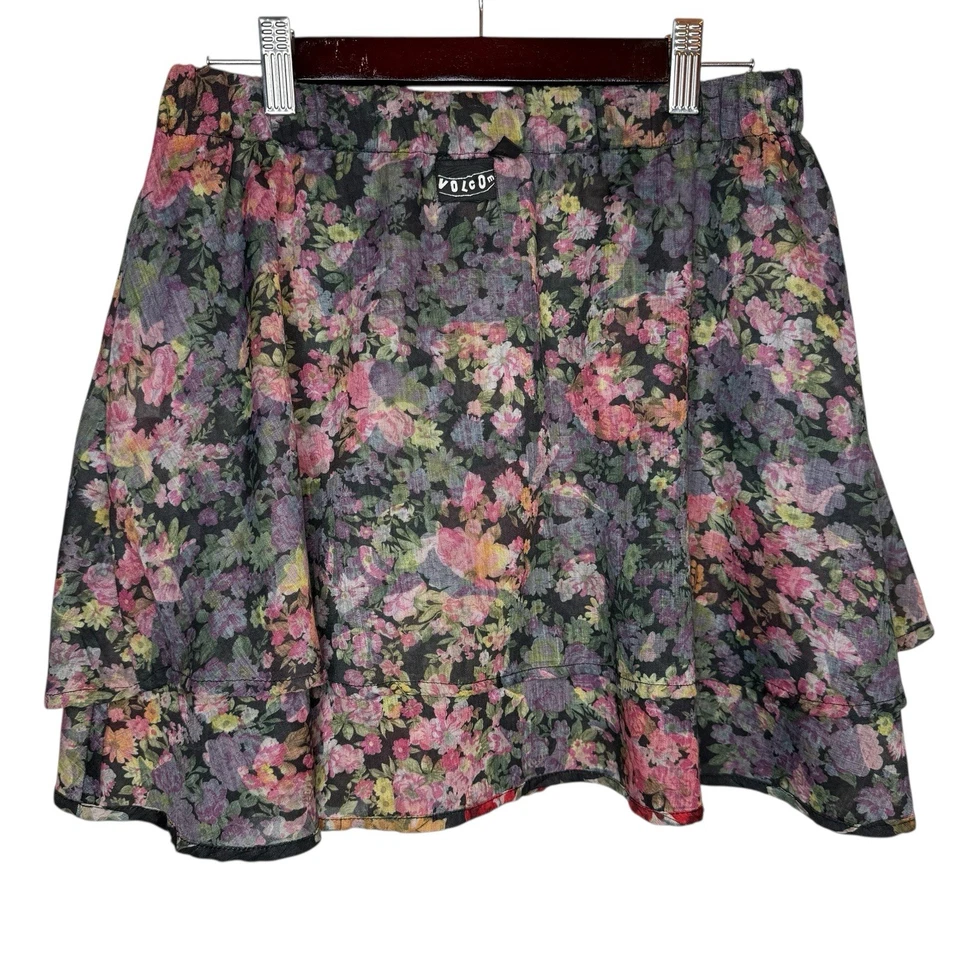 Vintage Y2K Volcom Two Faced Ruffle Skirt S Made In USA Logo Floral Boho Grunge - Image 4 of 4