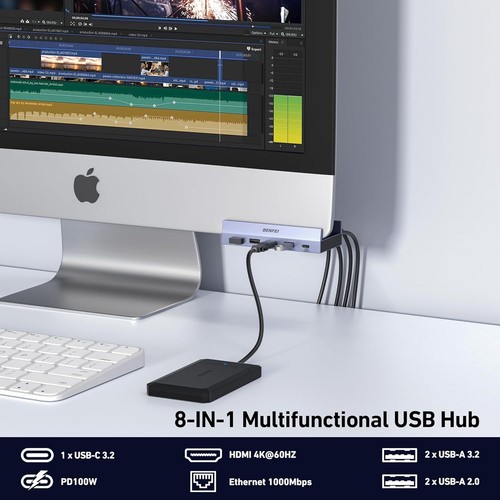 BENFEI 8-in-1 USB C Hub with Secure Clamp – Features 4K@60Hz HDMI, Gigabit Ether - Afbeelding 2 van 8