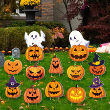 12 Pcs Halloween Pumpkin Ghost Yard Signs with Witch Hats Outdoor