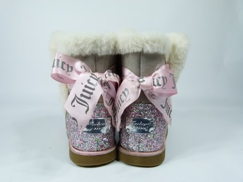 Juicy Couture große Mädchen Größe 3 grau Claremont Stiefel mit flauschigem Futter & rosa Schleifen - Bild 8 von 9