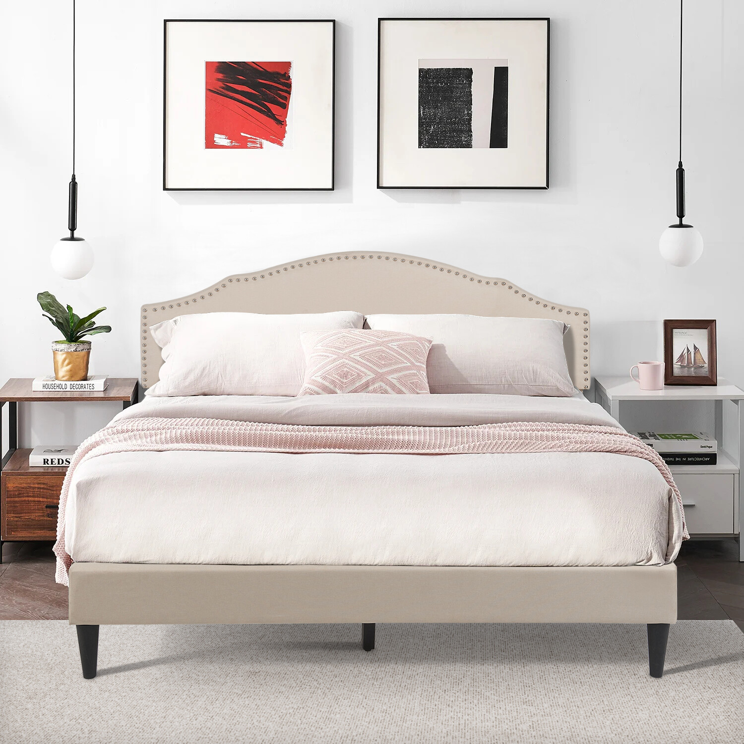 Upholstered Platform Bed Frame with Fabric Headboard and Wooden Slats