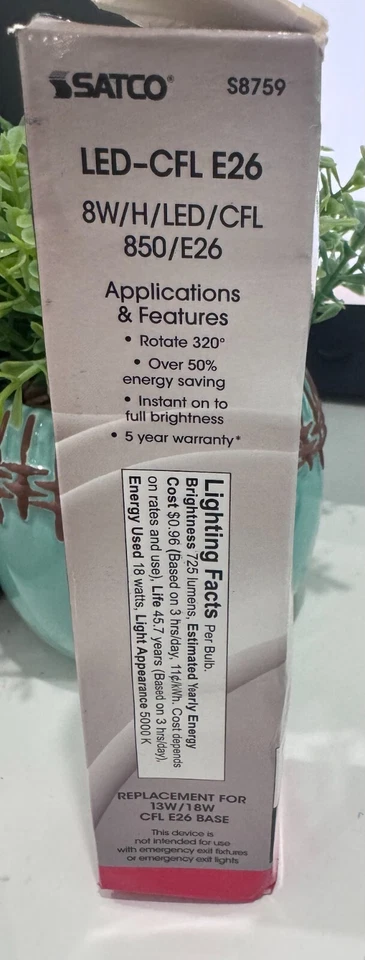 Satco S8745 LED-CFL 8 Watt Replacement For 18 Watt 2700K Warm White GU24 Base - Image 4 of 4