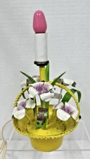 Vintage ITALIAN TOLE Florentine Yellow Basket Purple White Flowers Small Lamp