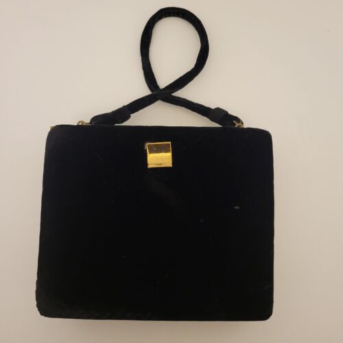 Vintage 50s 60s Black Velvet Structured Bag Box T… - image 1
