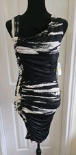 Y2K Bodycon Mini Dress Medium Abstract Black White Print Side Ruching NWT