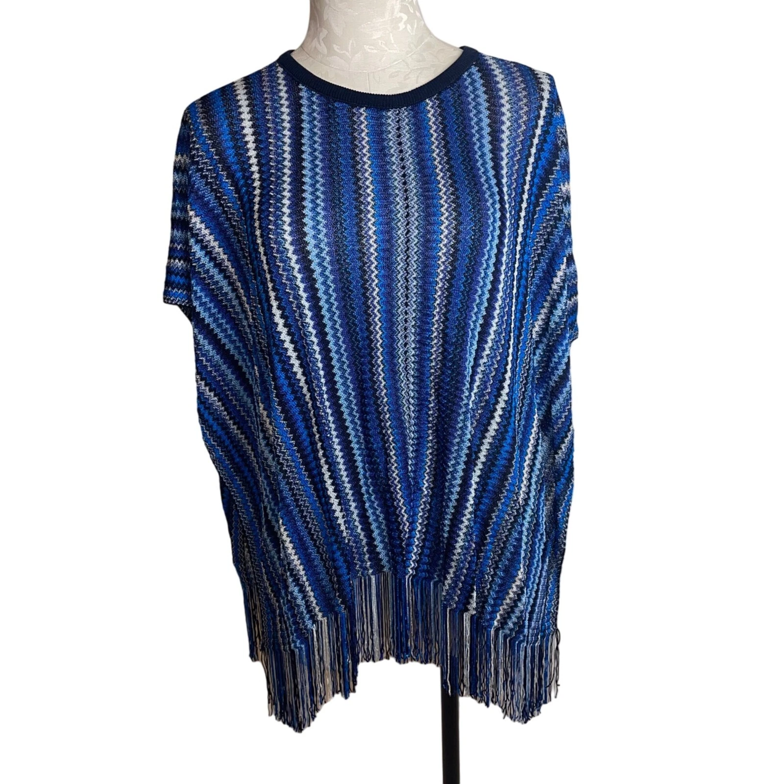 Missoni Poncho Cape Blouse Top Blue Knit Fringe One Size Chevron Zig Zag New