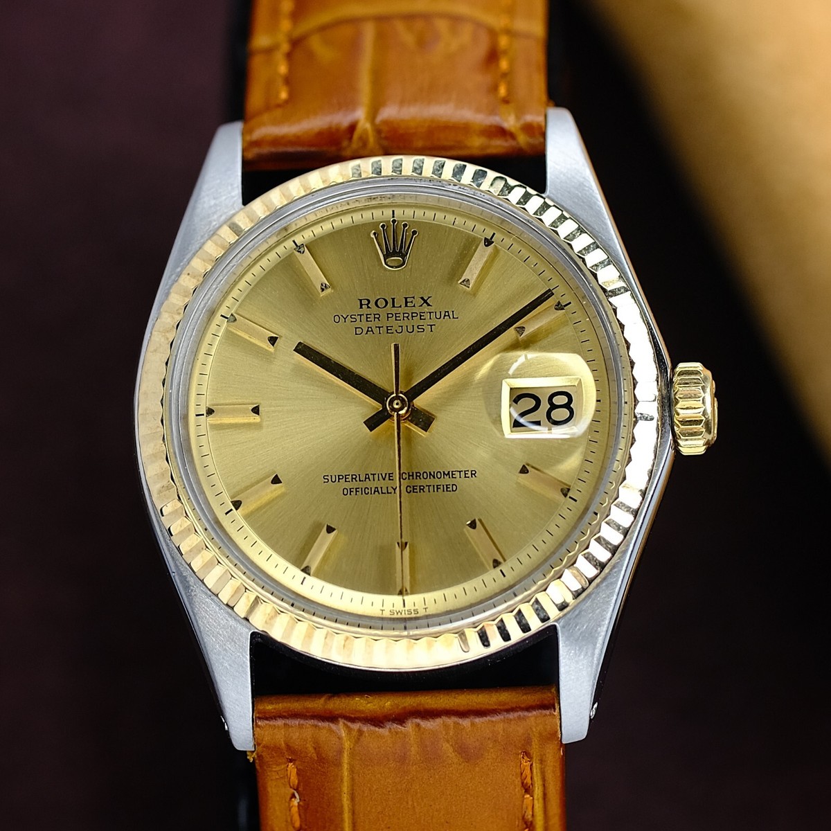 ROLEX 1601 16013 DATEJUST ベゼル K14YG Rolex Datejust 1601 14KY Steel Champagne Dial Fluted Bezel Leather