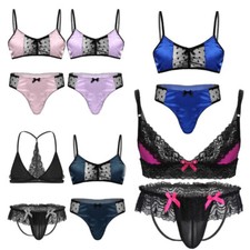 Mens Sissy Lingerie Set Stain Mesh Splice Underwear Wireless Bra Top with Briefs