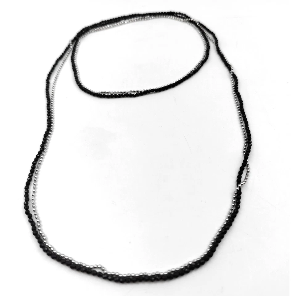 Collana Lunga in Argento 925 e Spinello Nero Palline Moda Donna Modello Classico - Immagine 2 di 4