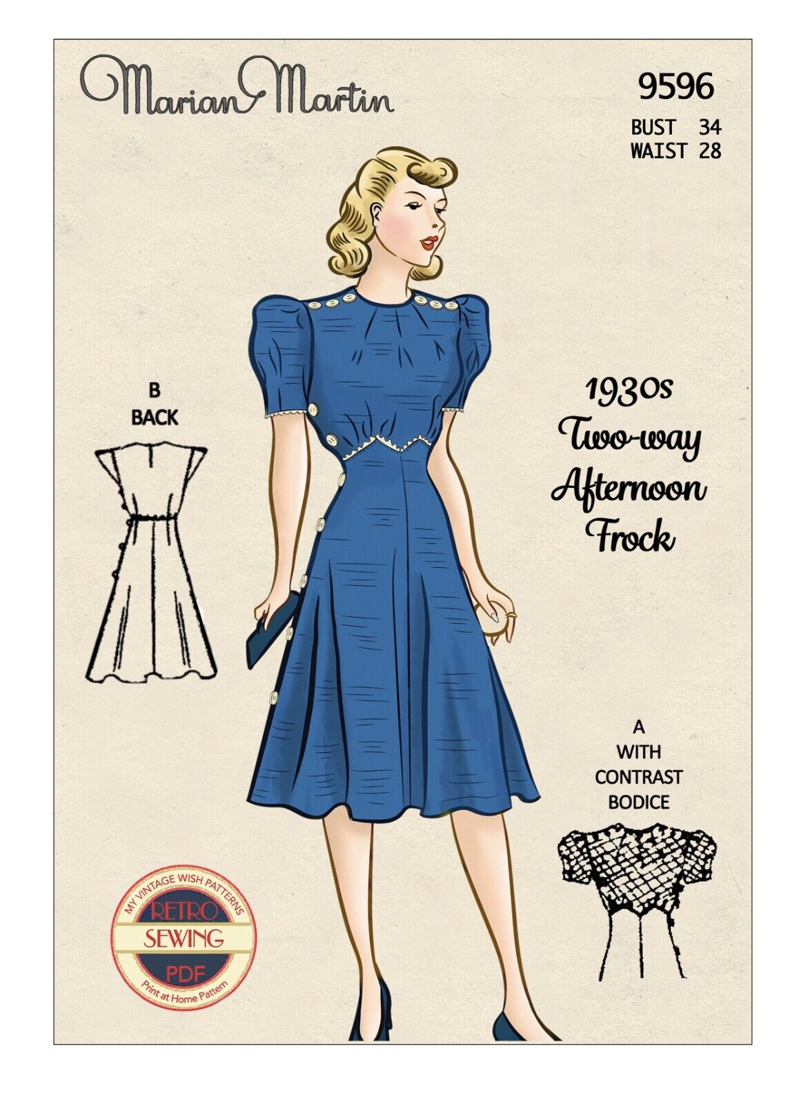 1930s Two Style Tea Dress Sewing Pattern Reproduction