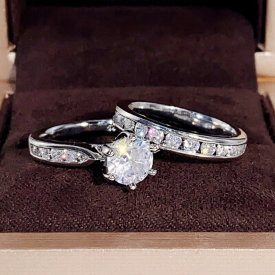 2pcs/set 925 Silver Rings Charm Women Cubic Zirconia Jewelry Size 6-10