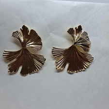 Ginkgo Biloba Leaf Drop Earrings Gold Tone Plated