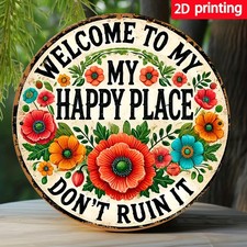 Tin Metal Signs Home D cor "Welcome to My Happy Place" Wall Art Floral Decor wit