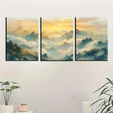 3pcs Serene Mountain Landscape With Sunset Wall Art Canvas Framed 50x70cm