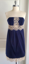 Lilly Pulitzer Strapless Navy Blue Cotton Dress Gold Trim at Bust Waist Hem sz 8