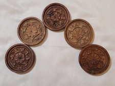 5pc Vtg Hand Carved Floral Wooden Drink Coasters Made India Home Decor NO HOLDER