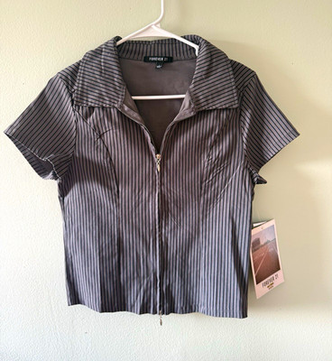 Forever 21 Striped Collared Zip Front Short Sleeve Blouse L Gray Black