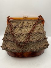 Vtg Oval Box Purse Beaded Handbag With Tortoise Lucite/Bakelite Early Plastic